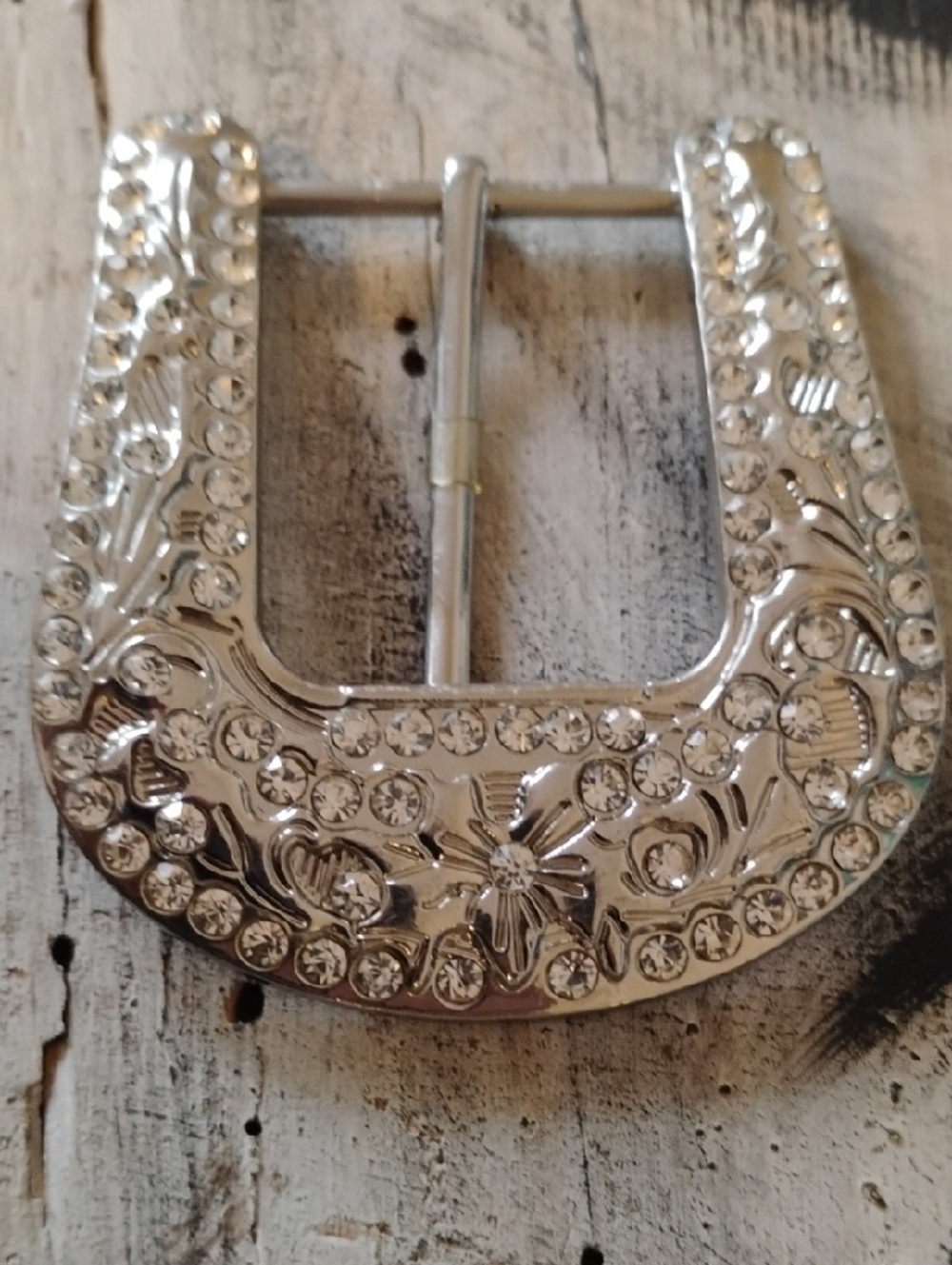 Vintage Silver Crystal Floral Western Buckle.